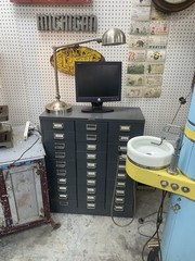 Antique vintage dental medical industrial cabinet, mid-century modern metal blue