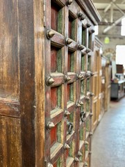 Antique 77″H Hutch Cabinet, Mughal or Medieval Style, Brass Studs & Iron Pulls