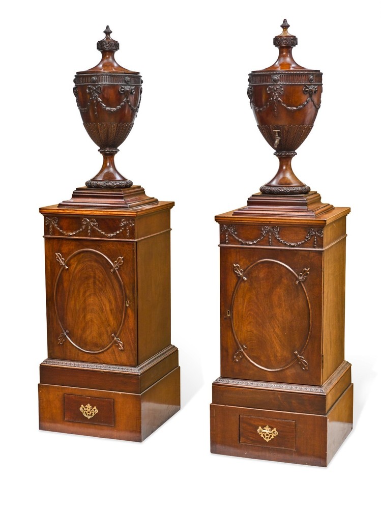 Pair of Late 20th Century Mahoghany George III Style Urns on Stands