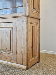 Grand Antique English Pine Display Cabinet Glass Doors Farmhouse Cupboard Hutch