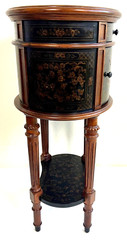 Italian Style Raised Faux Leather Walnut Oval Cabinet / Side Table