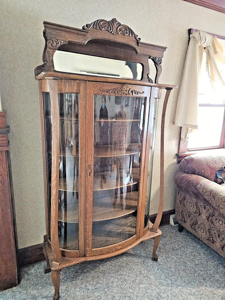 Antique Victorian Art Nouveau triple Curved glass Oak China curio cabinet