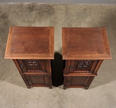 50″ Tall Pair of Vintage French Solid Oak Wood Highly Carved Gothic Cabinets
