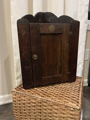 Old Prentice Whisky Antique Wall Cupboard Brown Wood Raised Panel 1855