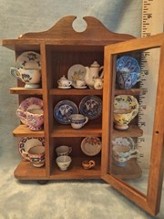 Antique Wood Mini Curio Cabinet Filled With Vintage Miniture Tea Cups & Saucers