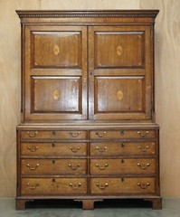 EXQUISITE ANTIQUE 1800 SHERATON INLAID HOUSEKEEPERS CUPBOARD WARDROBE DRAWERS