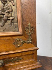 Antique Art Nouveau tiger oak quarter sawn wall cabinet 1890 bronze plaque nice