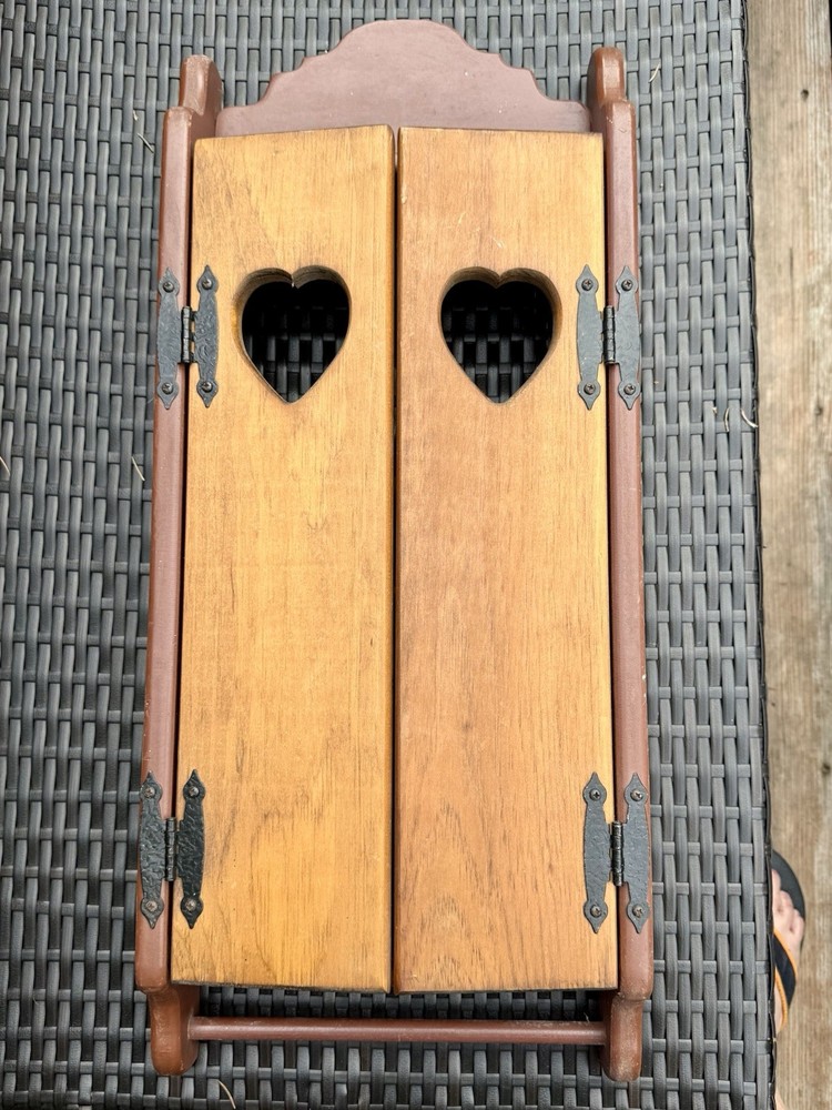 Vintage Wood Wall Mount Cabinet with Heart Cut Outs On Doors Country Farm 27”