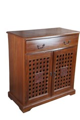 Vintage Indonesian Mahogany Lattice Carved Cupboard Buffet Server Drybar