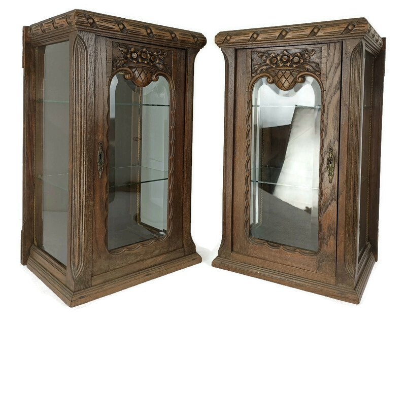 Pair Exquisite Antique Cabinets Beveled Glass hand carved Wood gorgeous Display