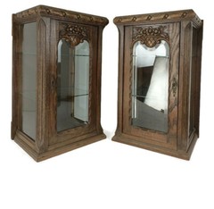 Pair Exquisite Antique Cabinets Beveled Glass hand carved Wood gorgeous Display
