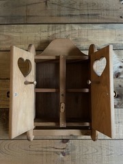 Vintage Wood Wall Shelf Curio Cabinet Door Pegs Heart Cutout Cottagecore Rustic