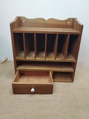 Old Time Wood Wooden Desk Office Letter Drawer Box Organizer Porcelain Knob 12″