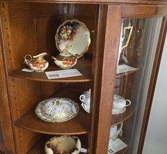 Antique Corner Oak China Cabinet – Sliding Curved Glass Doors