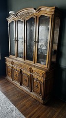 Thomasville 1980 Vintage Oak China Cabinet With Light Display
