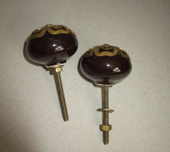 Pair Antique Vtg Dark Brown / Black Brass Ceramic Cabinet Knobs Drawer Pulls