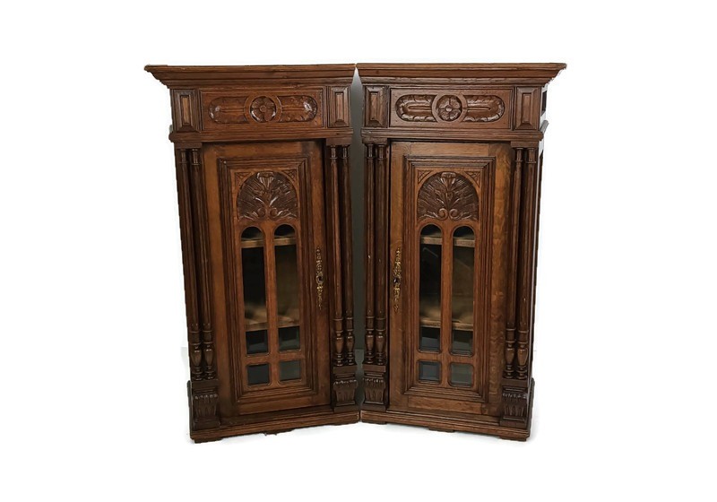 pair Stunning Antique Corner Cabinets Hand Carved Wood right left corner with s