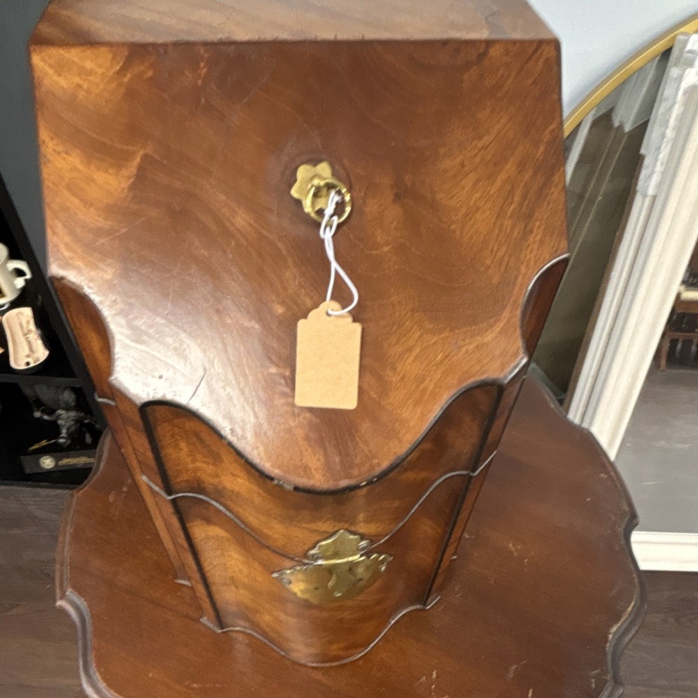 Antique Brown Wood Cabinet with Brass Hardware and Hinged Door