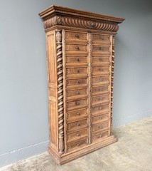 77″ Tall Antique French Apothecary Cabinet Solid Oak Carved with Compartments
