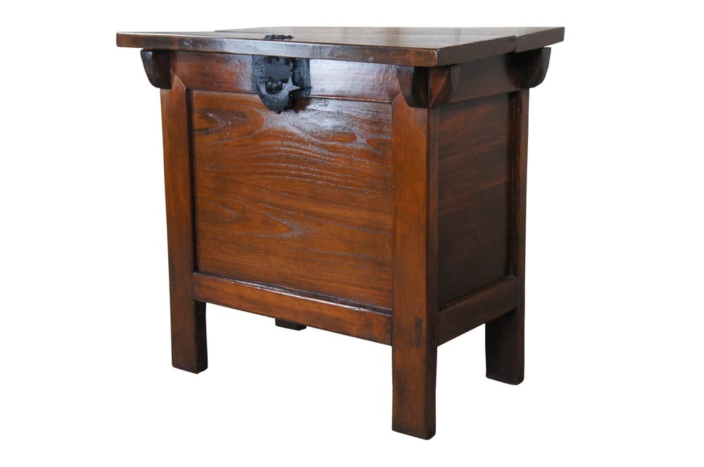 20th Century Korean Elmwood Rice Chest Storage Bin Tansu Altar Cabinet Locks 38″