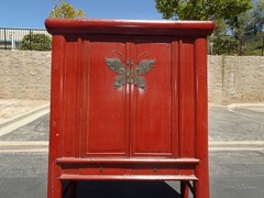 70″ Tall Ant. Chinese Asian Red Lacquer Butterfly Cabinet Wedding Storage Chest