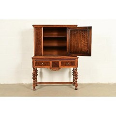 Early Romweber Antique English Jacobean Carved Oak Bar Cabinet, Circa 1900