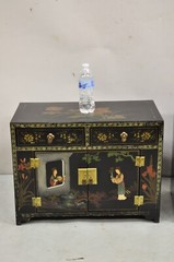 Vintage Chinese Oriental Small Asian Black Lacquer Painted Cabinets – a Pair