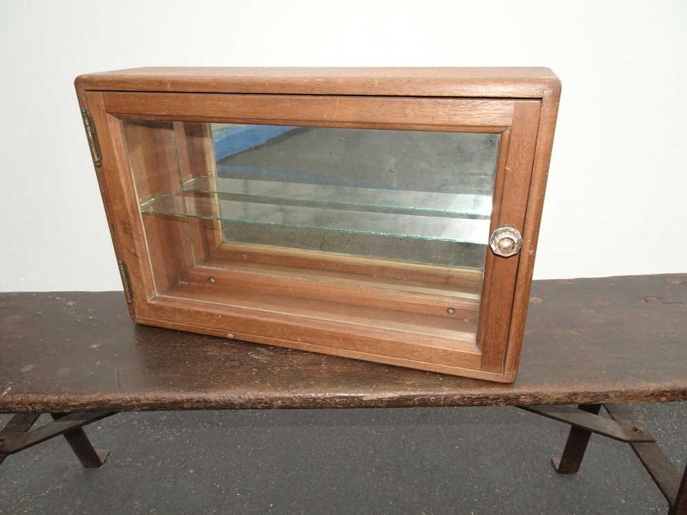 Antique Wall Mount Storage Cabinet w Two Shelves & Mirrored Back