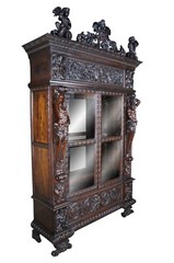 Important Pair Antique R.J. Horner Renaissance Revival Mahogany Bookcase Cabinet