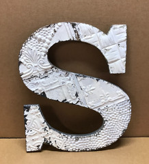 Decorative Salvaged Tin Ceiling 17″ Patchwork Shabby White Letter S Old 617-26B
