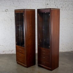 Modern Pair Lighted Display Cabinets by Bassett Furniture Cherrywood & Brass