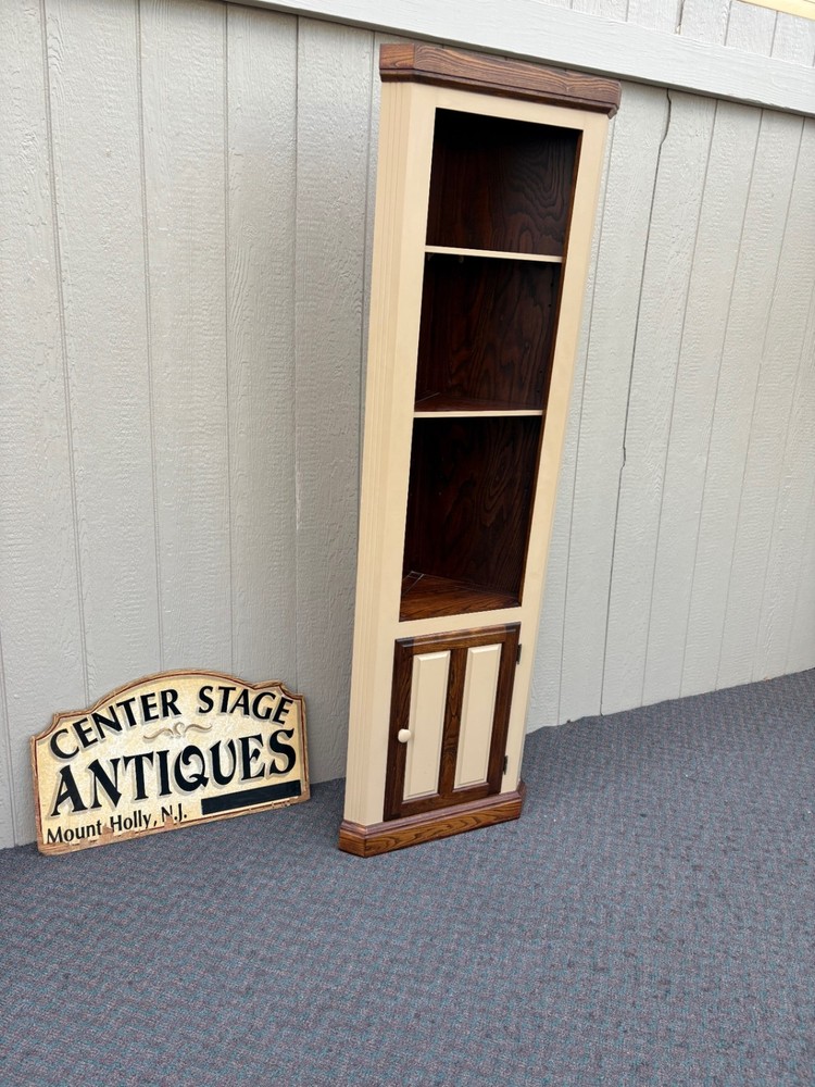 67870 Tall Rustic Corner Cabinet with Dual Tone Finish and Shelves
