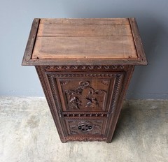 71″ Tall French Antique Breton Cabinet in Solid Chestnut Wood w/Carved Figures