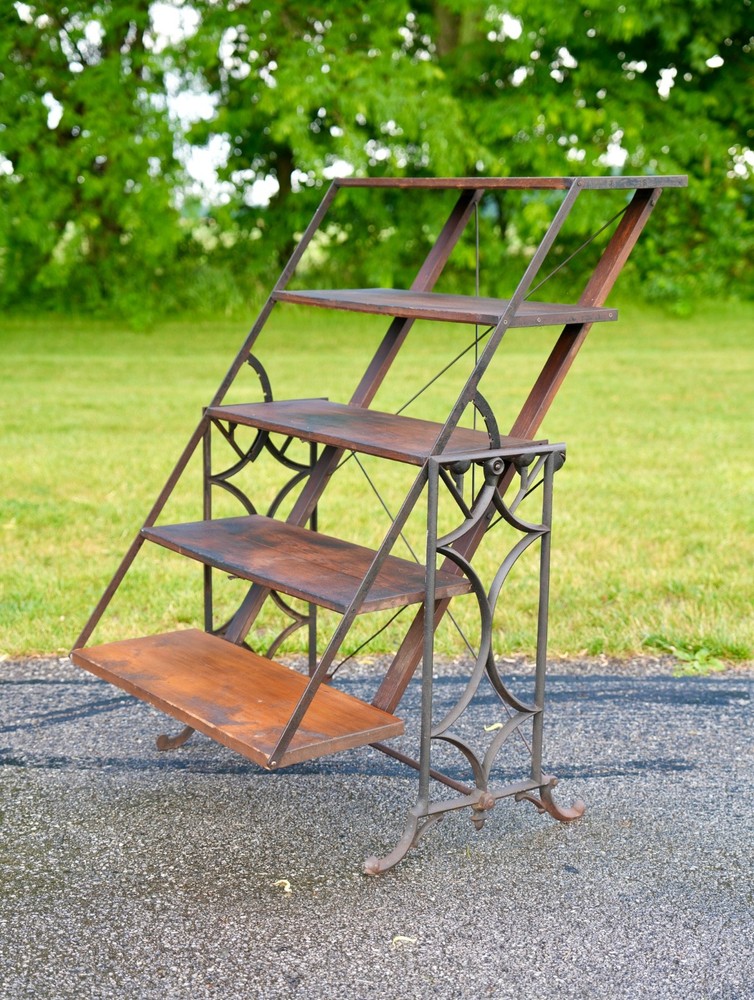 Antique Bakers Rack Cast Iron Leg Industrial Wood Shelf Clothing Rack Vintage