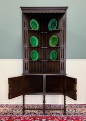 Antique English Jacobean Corner Cabinet Barley Twist Legs Oak Key TALL 1920s