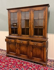 Antique English Large Bookcase Cupboard Cabinet Triple Door Glass Oak c. 1930s