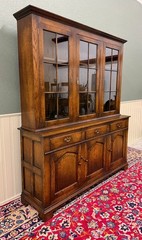 Antique English Large Bookcase Cupboard Cabinet Triple Door Glass Oak c. 1930s