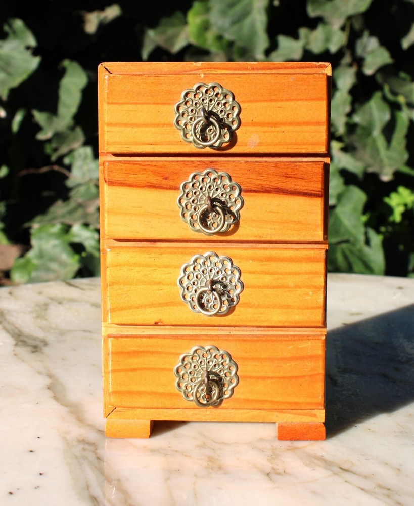 Mini Pine Wooden Vintage Storage Cabinet Chest Four Drawers-Brass Handles