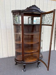 66903 Antique Leaded Glass Oak Bow Front China Cabinet
