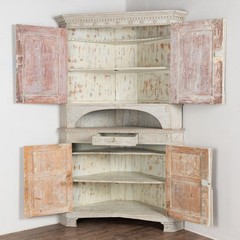 Large 19th Century Swedish Gray Gustavian Pine Corner Cabinet