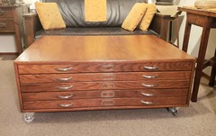 ~ Vintage MCM Oak Flat File Cabinet Industrial 4 Drawers Coffee Table w Wheels ~
