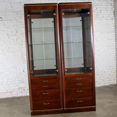 Modern Pair Lighted Display Cabinets by Bassett Furniture Cherrywood & Brass