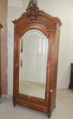 Antique French Renaissance Carved Walnut Wardrobe large Beveled Mirror