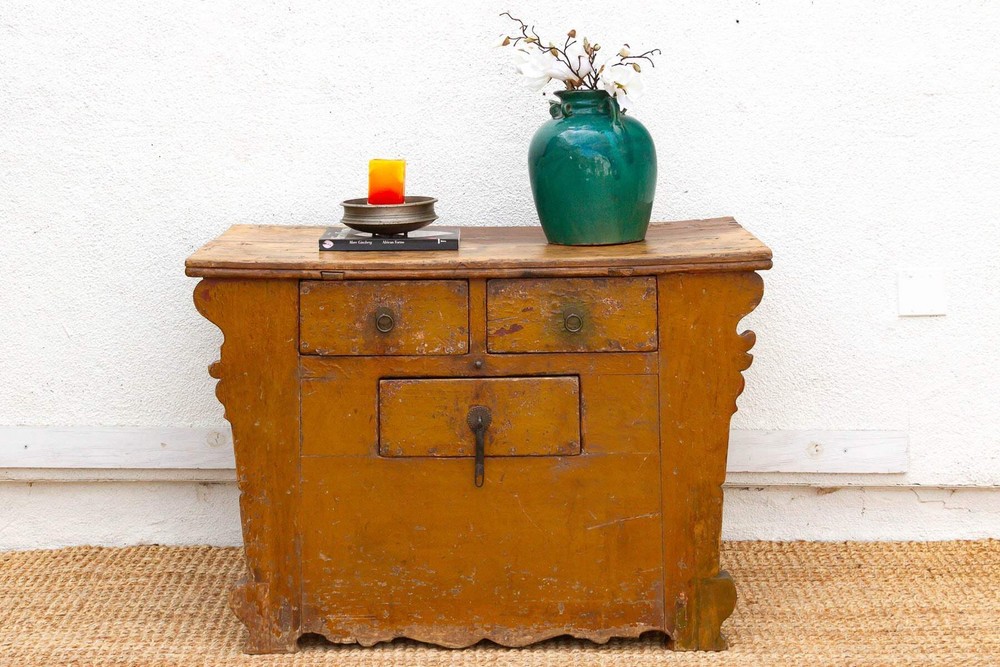 Large Vibrant Yellow 19th Century Money Chest Antique Indian Brass Bound Trunk