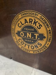 Antique Clarks ONT 5 Drawer Spool Cabinet Wood Glass Front Sewing Display Chest
