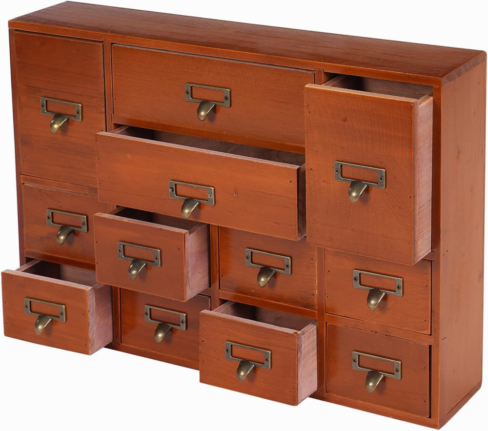 Brown 12-Drawer Vintage Apothecary Cabinet, Stackable for Herbs/Tea/Stationery