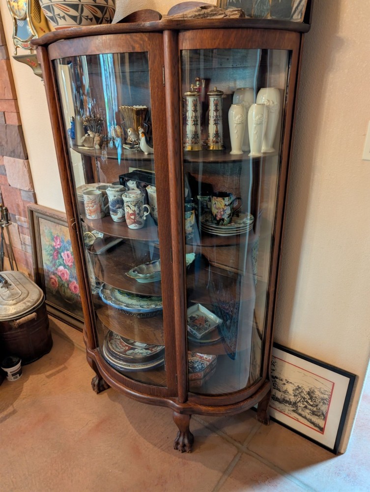 Antique Tiger Oak Curved Glass China Cabinet w/ Claw Feet