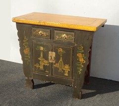 Antique Hand Painted Asian Chinoiserie Altar Cabinet Side Table