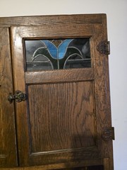 Wood Hoosier Cabinet Stained Finish Stained Glass Doors 4D/3Drw White Top
