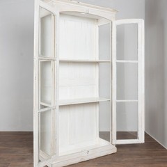 19th-Century French White Painted Oak Bookcase Display Cabinet with Glass Doors